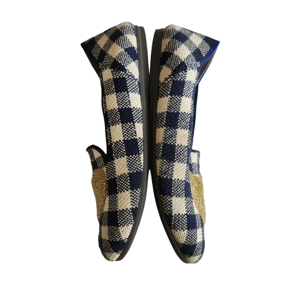 Rothy's Navy and Cream Gingham Kids Slip-On Flats with Gold Heart